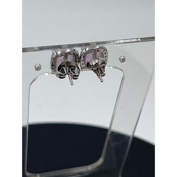 Sterling Silver Cushion Cut Prong Set Rose Quartz White Topaz Halo Stud Earrings - Picture 4 of 8